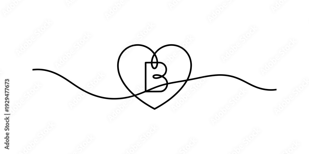 Obraz premium Minimalist continuous line art of a heart shape with the letter b integrated in the center Vector, illustration