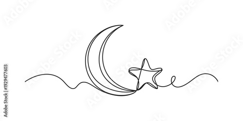 Minimalist single line drawing of a crescent moon and a star against a white background. Vector, illustration