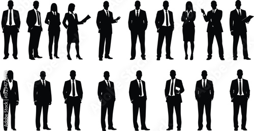 Large collection of professional business person silhouettes in formal suits standing in various poses for corporate presentation teamwork leadership and career growth concepts