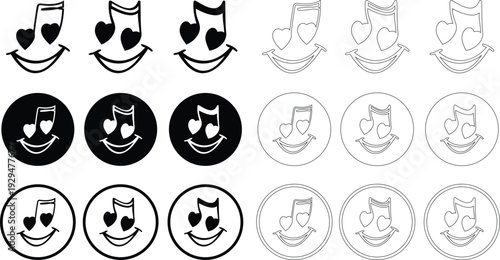 This black musical note with heart icon set features a clean and modern silhouette element that beautifully combines the universal symbol of music with a heart shape representing passion and emotion.