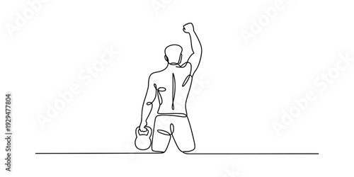 Continuous line drawing of a strong man holding a kettlebell and raising his fist in victory. Vector, illustration