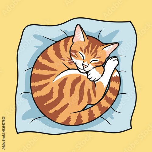 An adorable orange tabby cat with stripes is curled up in a tight ball, sleeping soundly on a soft light blue pillow against a warm yellow background in a charming cartoon style.