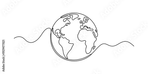 A simple continuous line drawing of the planet earth with wavy lines on both sides. Vector, illustration