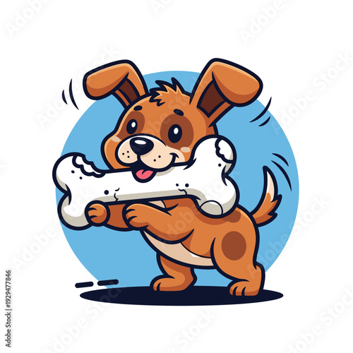 Cute cartoon brown dog happily carrying a large white bone in its mouth against a blue background.