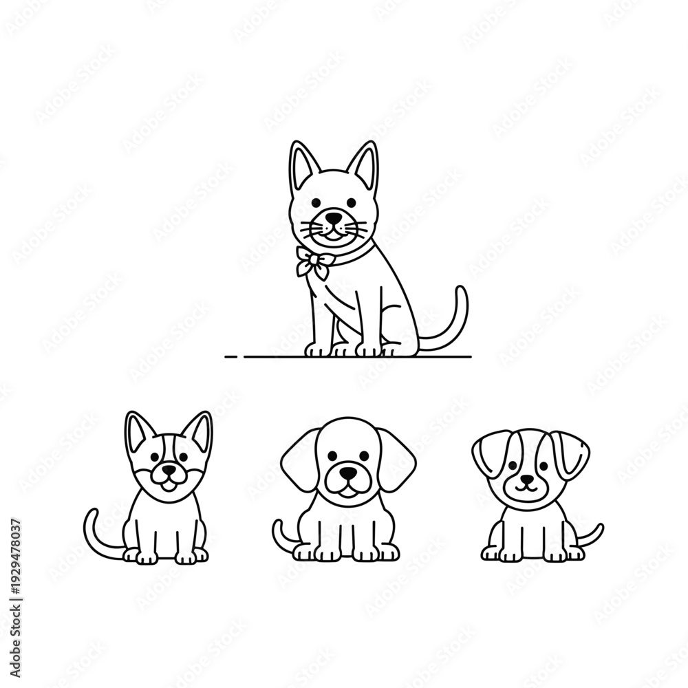 Obraz premium Line art illustration of four cute cartoon dogs and puppies sitting, isolated on a clean white background, showcasing various breeds.
