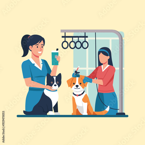Two professional pet groomers caring for dogs at a grooming salon, one spraying a dog and the other using clippers for a trim.