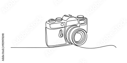 Minimalist continuous line drawing of a vintage film camera isolated on a plain white background Vector, illustration
