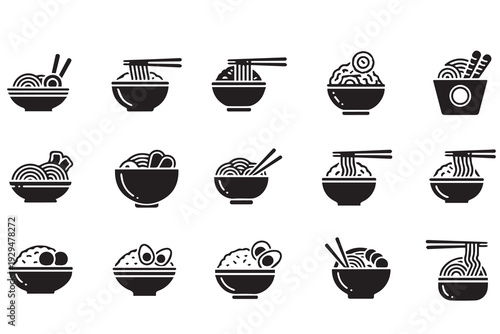 Ramen Noodle Bowl Icon Set Vector Black and White Japanese Food Illustrations
