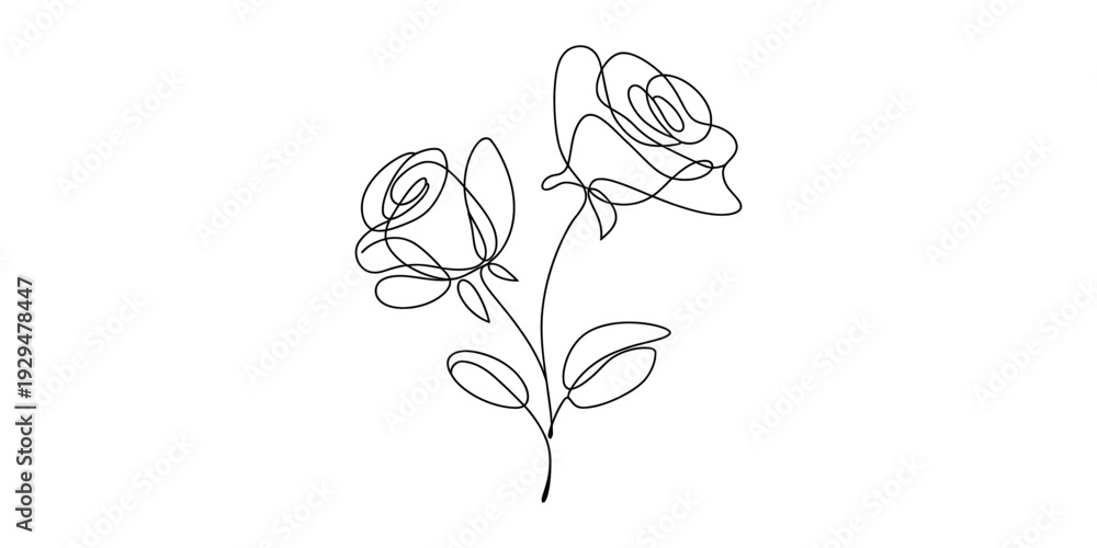 Fototapeta premium Minimalist continuous line drawing of two blooming roses with leaves on a white background Vector, illustration