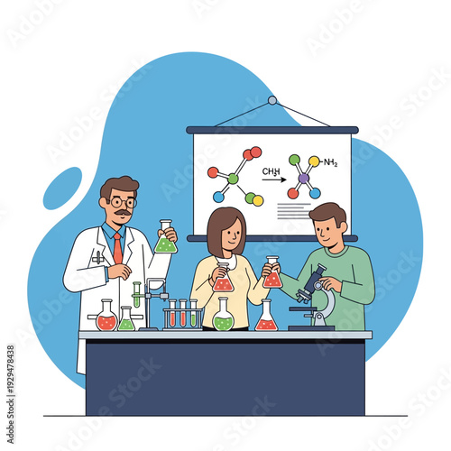 Science students conducting experiment in laboratory with teacher, chemistry lesson