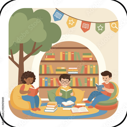 Three diverse children happily engage in reading books in a cozy and inviting space featuring a large tree, arched bookshelves, and decorative bunting.