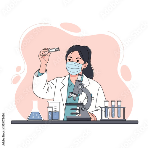 Female scientist in mask examining test tube in laboratory with microscope and equipment