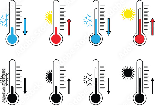 Thermometer temperature up and down icon with black set whether thermometer vector illustration