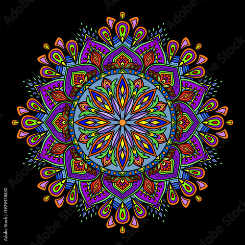 ornamental round ornament, Vector hand drawn doodle mandala. Ethnic mandala with colorful tribal ornament. Isolated. Bright colors., Vintage decorative elements,Islam, Arabic, Indian, Moroccan, Spain