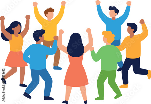 Group of people celebrating a success raising their arms up in the air