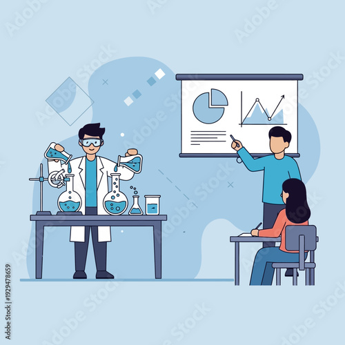 Science education: teacher explains experiment with flasks, students learn, presentation board