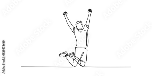 Continuous line drawing of a happy man jumping in the air with his arms raised up in victory. Vector, illustration