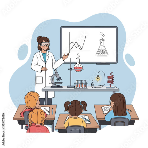 Science class with teacher and students, experiments, microscope, beakers, and graph
