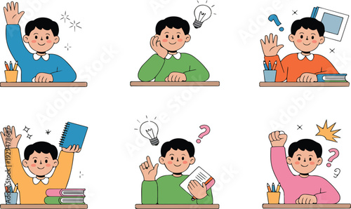 Cute School Boy Character Set Raising Hand Thinking and Learning with Books and Ideas Cartoon Vector Illustration