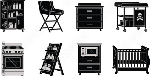 Black and white household furniture and appliance safety icons including crib, high chair, cabinet, stove, microwave, changing table, hazardous cart, shelf storage illustration