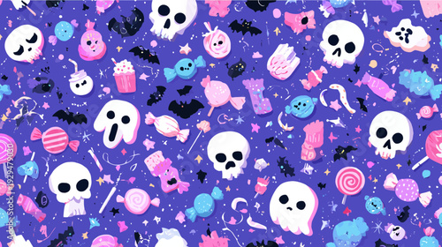 Seamless pattern with skulls, bats, ghosts, and candy scattered on a purple background