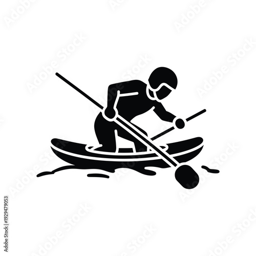 Kayaking sportsman silhouette rowing boat in water whitewater paddling extreme sport activity vector icon design here