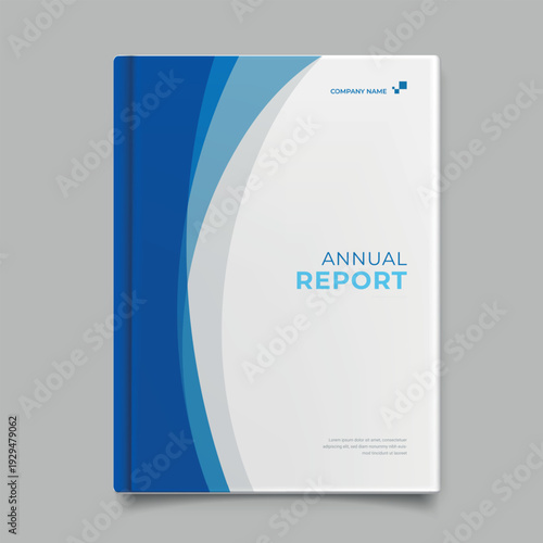 A modern annual report cover design featuring blue and white wavy lines providing a professional and clean aesthetic for corporate presentations and business documents.
