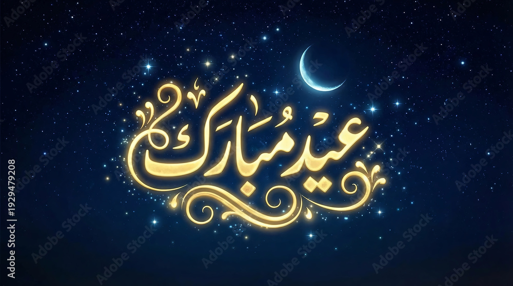 Fototapeta premium Illuminated golden Arabic calligraphy wishes Eid Mubarak beneath a crescent moon night sky