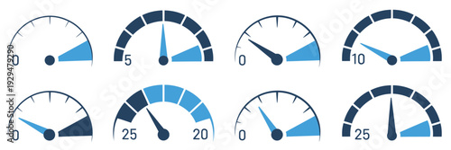 Speedometer tachometer gauge icon set, includes vector illustrations of car, vehicle, and dashboard dials for speed, RPM, performance, and automotive design projects.