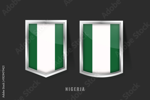 Vector illustration of Nigeria flag on 3D metallic shields. Green and white vertical triband representing peace and agriculture. National symbol of the Giant of Africa and Nigerian identity