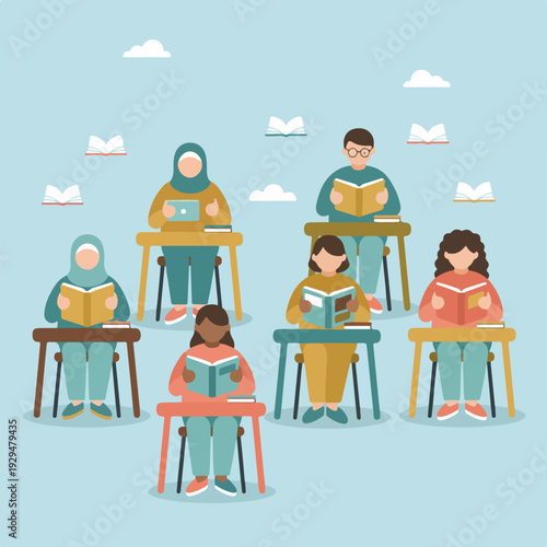 A diverse group of students, including those wearing hijabs, are seen at desks diligently reading books, amidst floating books and clouds, signifying education.