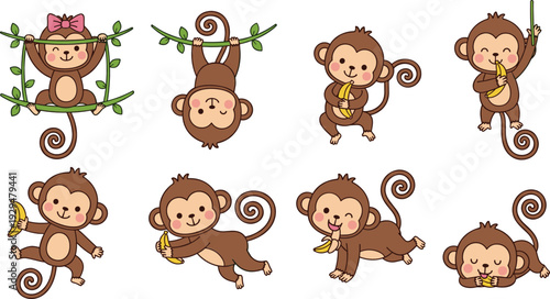 Cute Monkey Cartoon Collection with Bananas and Jungle Poses Adorable Flat Vector Illustration Set