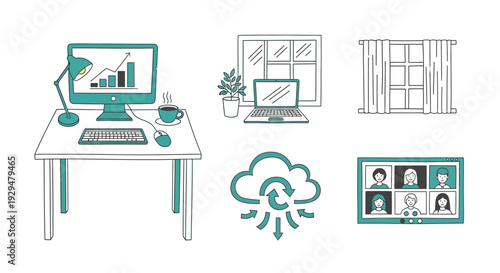 Remote work and home office doodle set with computer desk video conference and cloud sync icons