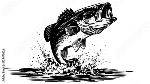 Leaping fish with open mouth splashing on water, in black and white illustration
