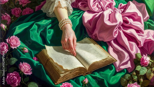 Elegant Lady Reading Among Pink Roses
