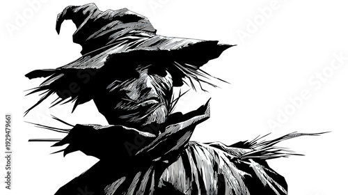 A striking black and white illustration of a scarecrow, rendered with brushstrokes, and textures