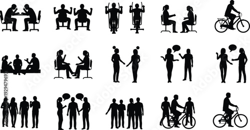 Large Vector Collection of People Silhouettes Featuring Men and Women Engaged in Various Activities Including Cycling Talking Sitting Working and Exercising Isolated on White Background