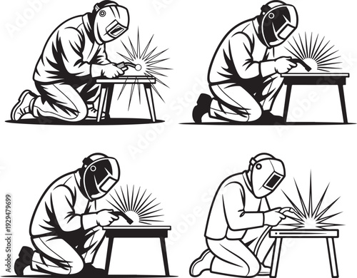 Set of 4 Black and White Welder Illustrations Vector