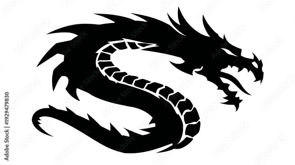 Obraz premium Black serpentine dragon silhouette, curled with spiky spines and an open, sharp-toothed mouth