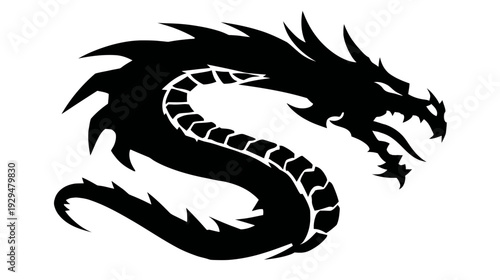 Black serpentine dragon silhouette, curled with spiky spines and an open, sharp-toothed mouth