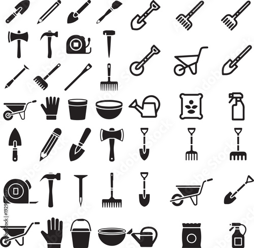 Set of 40 Black and White Gardening and Construction Tools Icons Vector