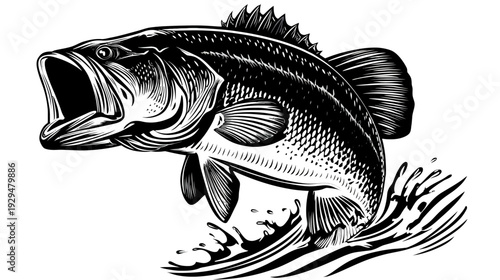 Black and white drawing of a bass jumping out of water with its mouth wide open