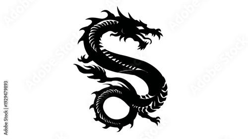 Black silhouette of a dragon in an S-shape against a solid white background