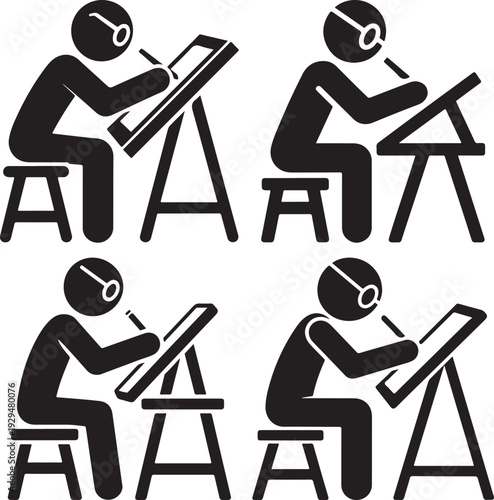 Set of 4 artist drawing at drafting table stick figure icons vector