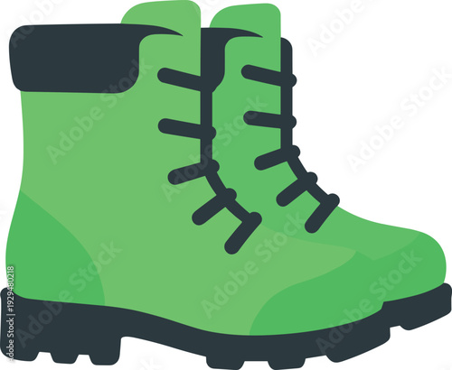 Hiking boots are depicted in bright green, with dark gray laces and ankle support