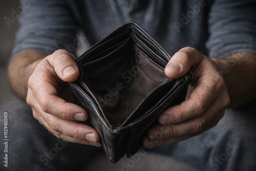 Close-up of an empty wallet held in tired hands under soft natural light. Shallow depth of field and neutral background create a realistic documentary-style image symbolizing financial exhaustion