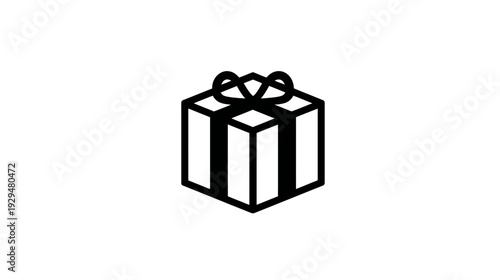Black and white graphic of a square gift box with bow viewed at an angle