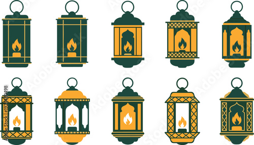 Islamic Ramadan Lantern Vector Set with Traditional Arabic Fanous, Glowing Candle Lights, Ornamental Metal Designs, and Festive Eid Decoration Collection