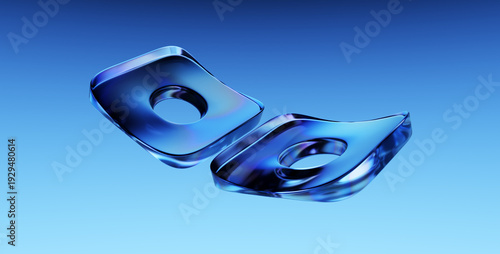 Elegant two glass shapes plates on blue background