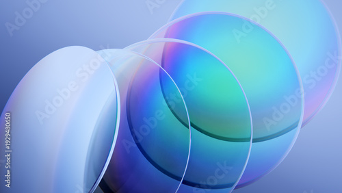 Precise iridescent discs glass plates on a dark blue background
